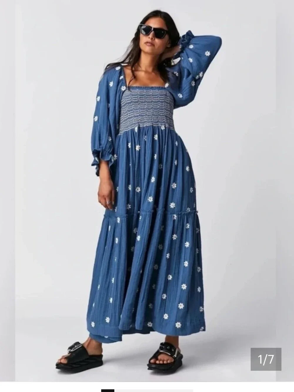 Free People Dahlia Smocked Square-Neck Blue Maxi Dress
